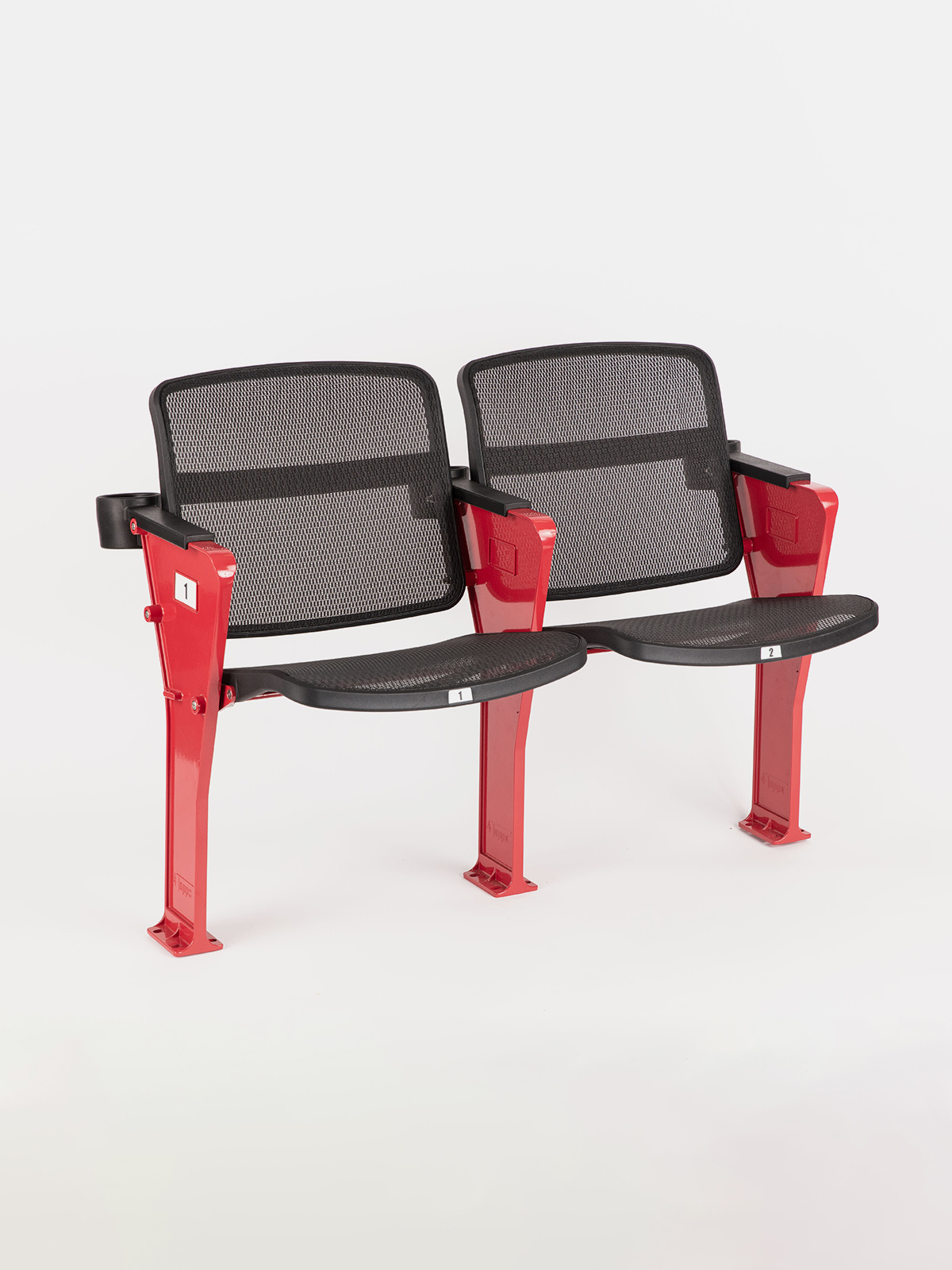 A slightly turned view of a set of two red frame 4Topps row seating on white background