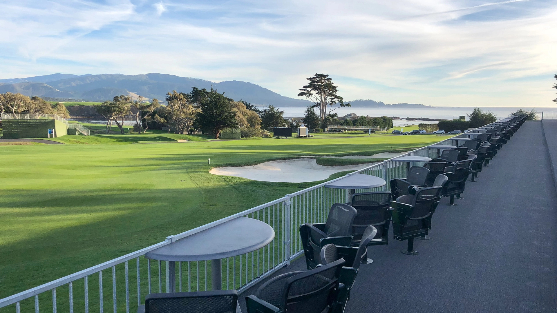 Oustide environmental shot of Pebble Beach Golf tournament featuring leased 4Topps Loges.